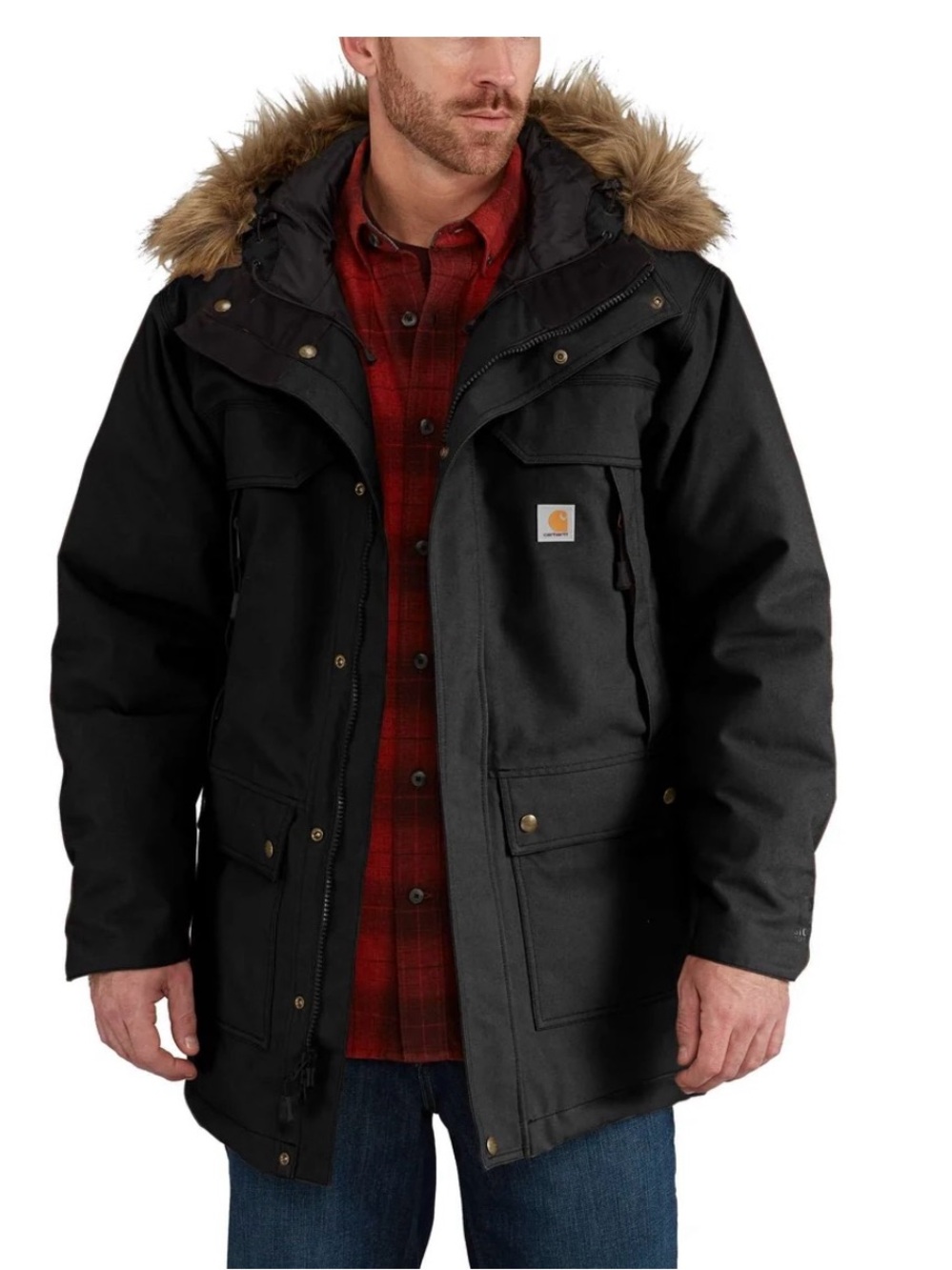 CARHARTT Black Quick Duck Sawtooth Parka 3M Insulate Faux Fur Hood L EUC